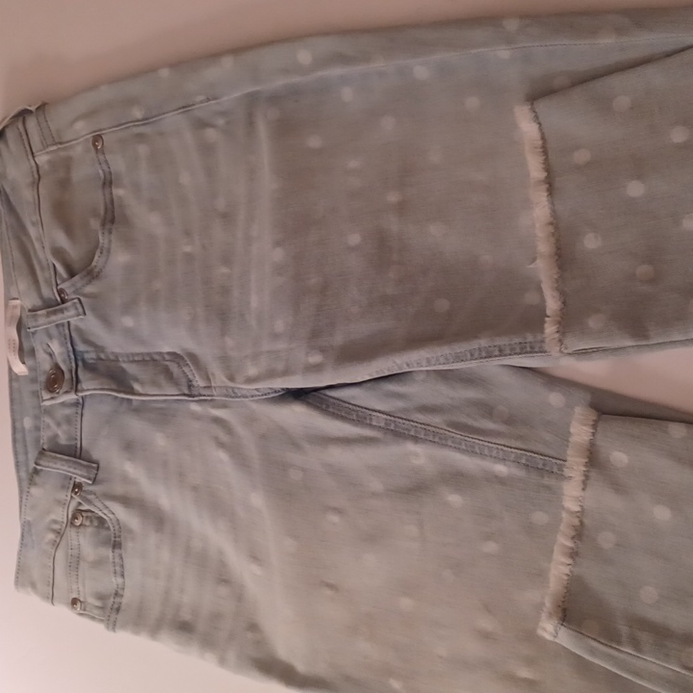 Lauren Conrad skinny crop light wash denim with polka dots raw edge